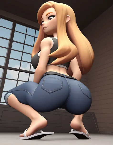 score_9, score_8_up, score_7_up, source_anime,
meggyspletzer, meggy spletzer, long hair, blonde hair, brown eyes, 3d,(((black mini fitted tank top))),tight thicc,tight thicc short jeans,black belt,(((white flip flops))),feet up,thicc fat ass,big breasts bo...