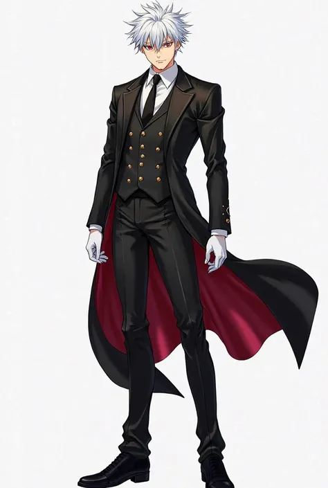 An anime picture with full view. A tall  and muscular young man with messy snow-white hair crimson-red eyes dressed in a three-piece black business suit with red on the inside, with golden buttons, black boots and white gloves.