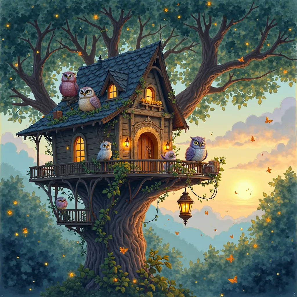 illustrations of a magical treehouse at dusk, with glowing lanterns, talking owls, and floating books. Style: soft pastel watercolor with intricate details.