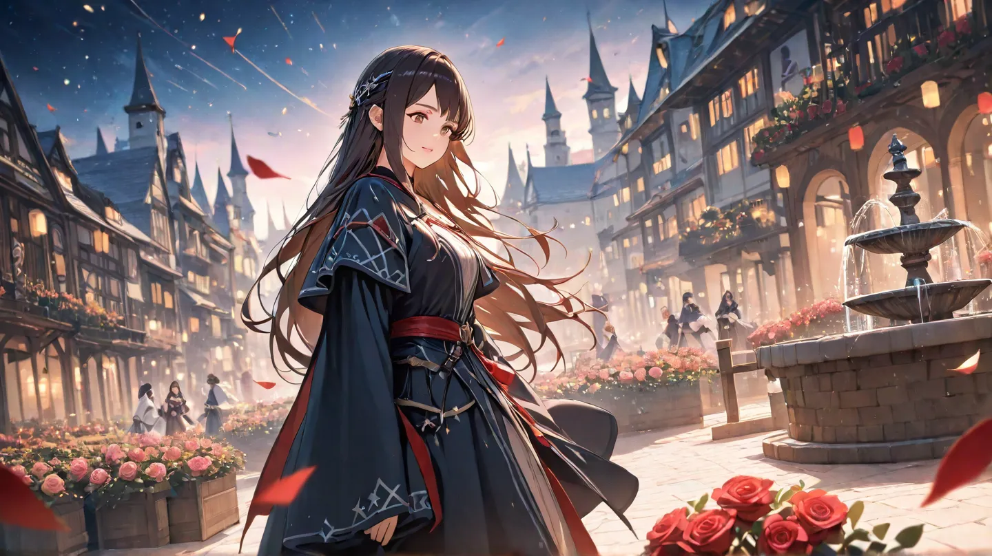  huge _very high resolution, high resolution,  masterpiece, recent, 1 female,  long hair, dark hair, assassin, prom mask , Side view,  light clothing,  soft_light,  blurry , Festive atmosphere, Well-integrated, Roses Falling from the Sky, Very large town s...