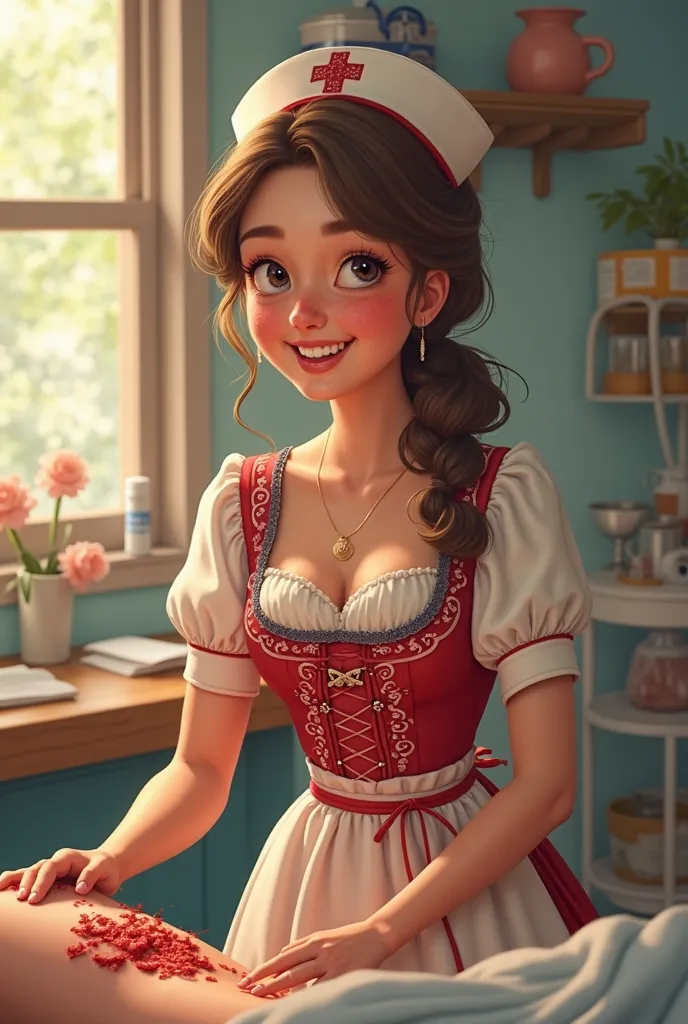 funny, Laughing nurse cleaning up the wound deposit in Austrian dirndl