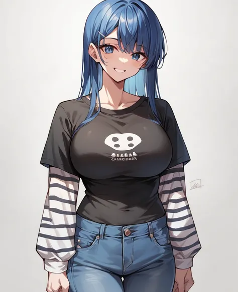 1 girl, solo, black short sleeve t-shirt, layered sleeves, white long sleeves, jeans, black t-shirt over white long sleeves, confident smile, large breasts, striped sleeves, black and white stripes, Maizono Sayaka, blue hair, long hair, bangs, blue eyes, h...