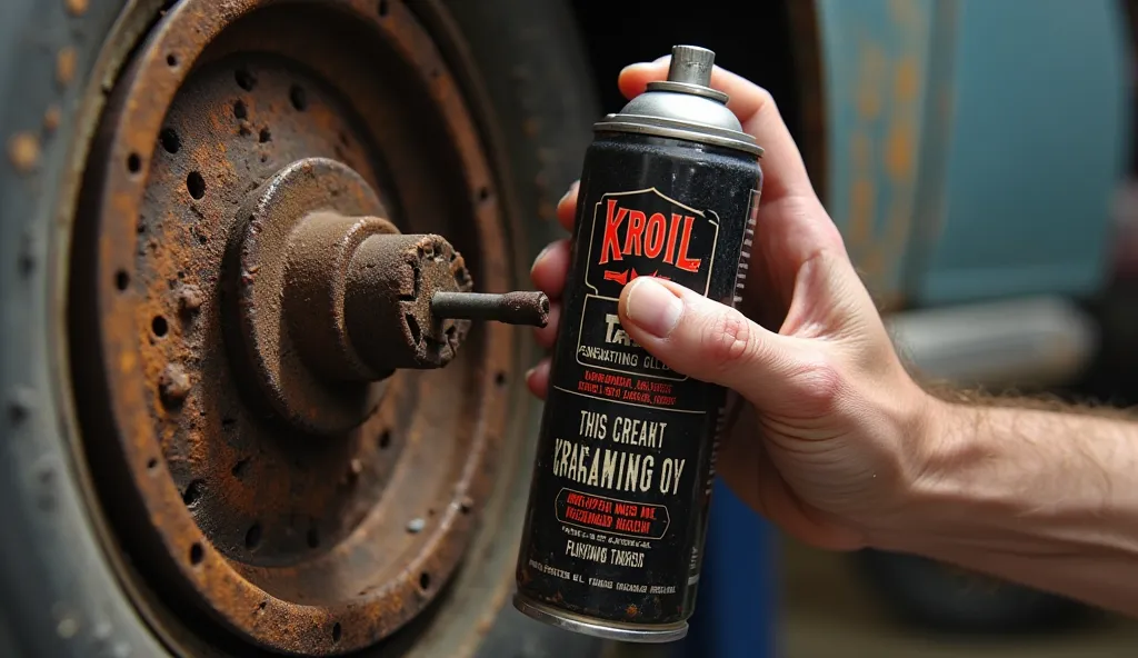 "An action shot of a mechanic in a garage applying Kroil penetrating oil to a heavily rusted bolt on a vintage car. The can of Kroil should be clearly visible, with the oil visibly seeping into the rusted area, showing its effectiveness."