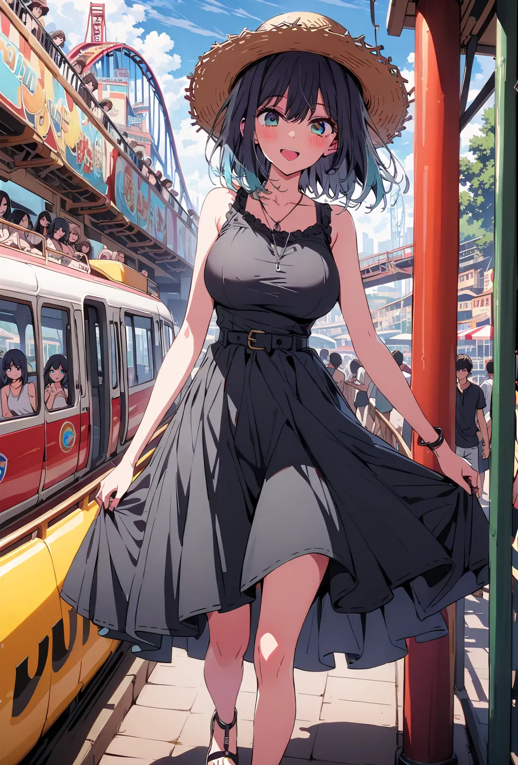 ,Akane Kurokawa,  short hair, bangs,  blue eyes,  black hair,  Lantern,  multi-colored hair , gradation hair,smile,blush,opens her mouth,black long skirt integrated dress,sleeveless, Big Breasts, sandals on the skin,crowd, Straw Hat,standing,noon, Car, gon...