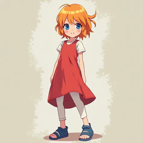 A young female 2D anime character, white skin, short orange hair, blue eyes, red summer dress vest, white pants, blue shoes,standing, in front,2D Naruto art style