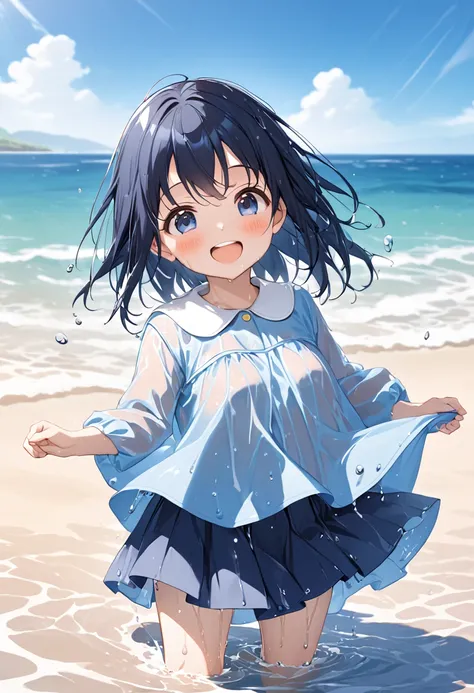 absurd, (s 1.5),  , Kindergarten Mom's Clothes, blue smock,  dark blue skirt ,  cute, soaked, Clear skies, sea,  playing in the water, ENERGETIC, fun,  best smile,  with wet clothes , Water-soaked Smock, Drenched, Wet Skirt, Wet Skirt, 