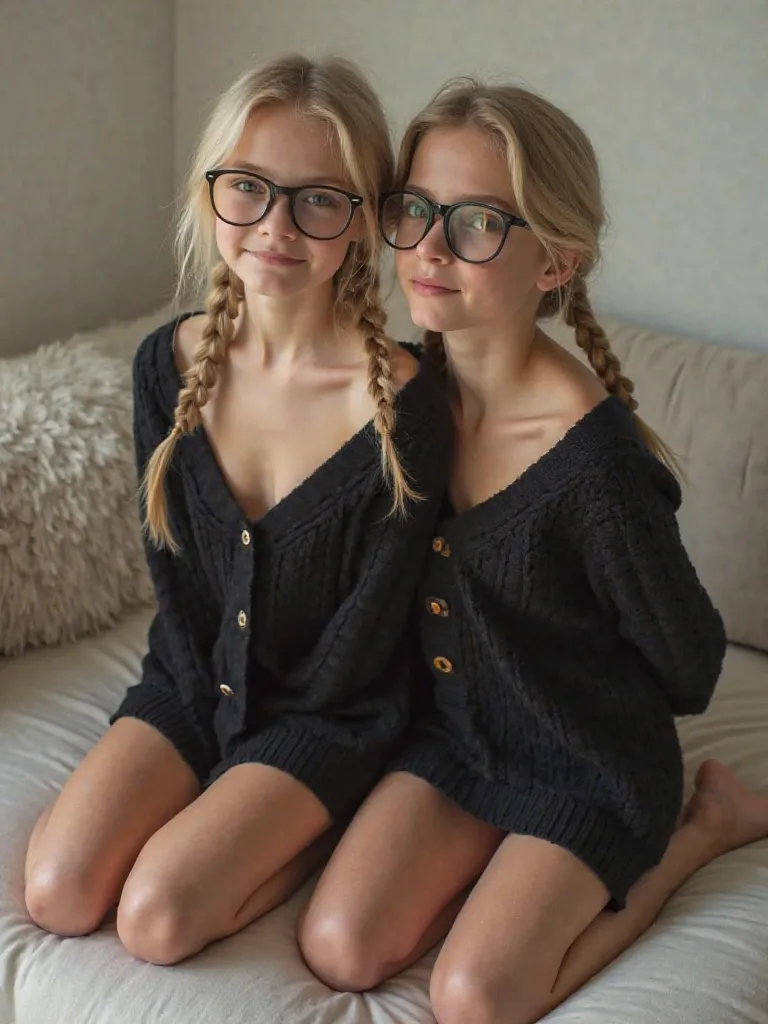 Thirteen-year-old girl,blonde hair with two braids,  has huge breasts, He has huge prescription glasses,She wears an unbuttoned black knitted sweater showing her shoulders and breasts,  His legs are bare , She is kneeling on a minimalist sofa in a very sex...