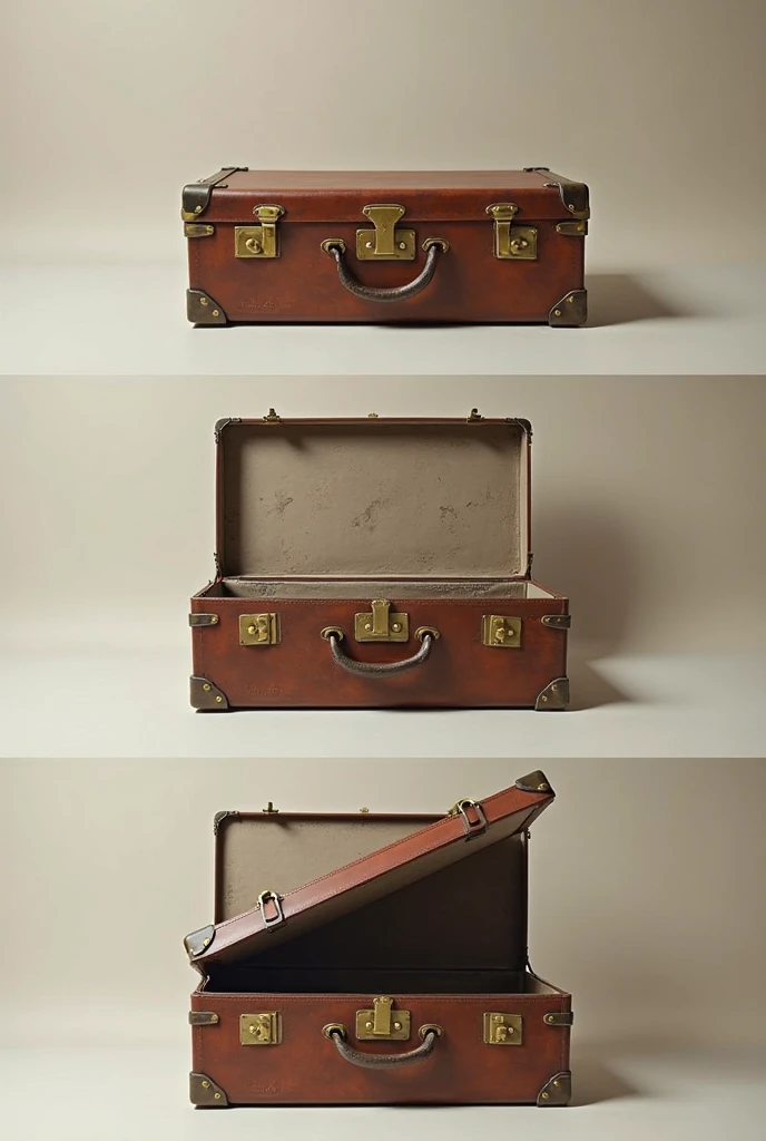 Can you make a sequence of opening vintage suitcase please. Many pictures of it slowly opening. First it can be closed and then a little open and then more open and fully open on the last photo