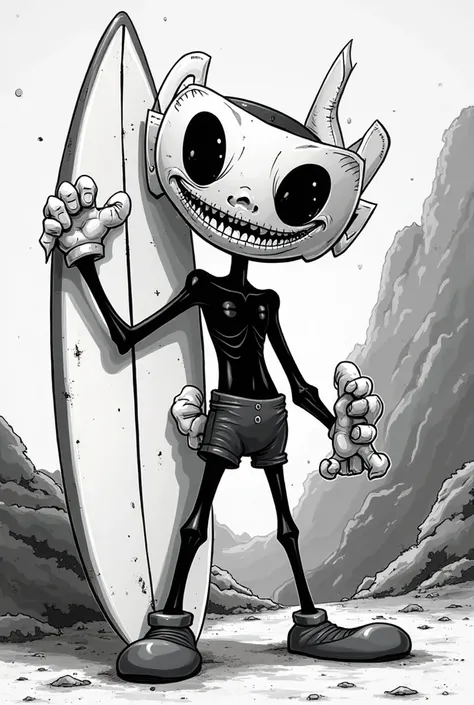 Do me this art in 2D style and black and white: a thin scalpel in cuphead style with bad face in the shape of one blade, holding a surfboard, making a hang loose with the hand