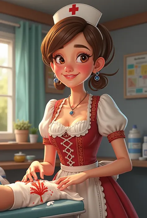 funny, Laughing nurse cleaning up the wound deposit in Austrian dirndl