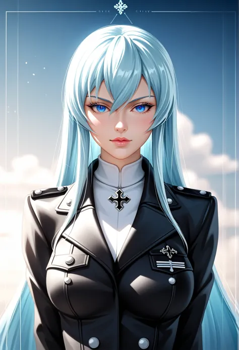  ((masterpiece, Highest quality, Best image quality, High resolution, Realistic, RAW Photos, 8k, Highly detailed CG synthesis 8k wallpaper)), (Close-up portrait of Esdeath with a high fashion, hyperrealistic aesthetic. Her long, silky blue hair is partiall...