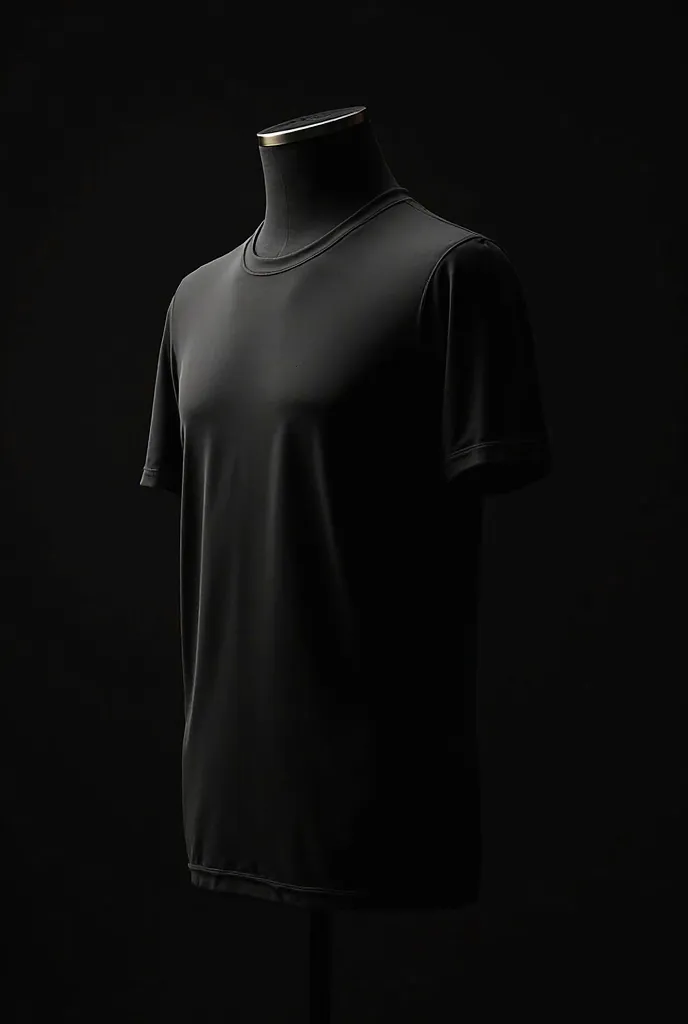 Men's black t-shirt,black background dressed on a mannequin ,looks rich and stylish from the side, the background is illuminated 