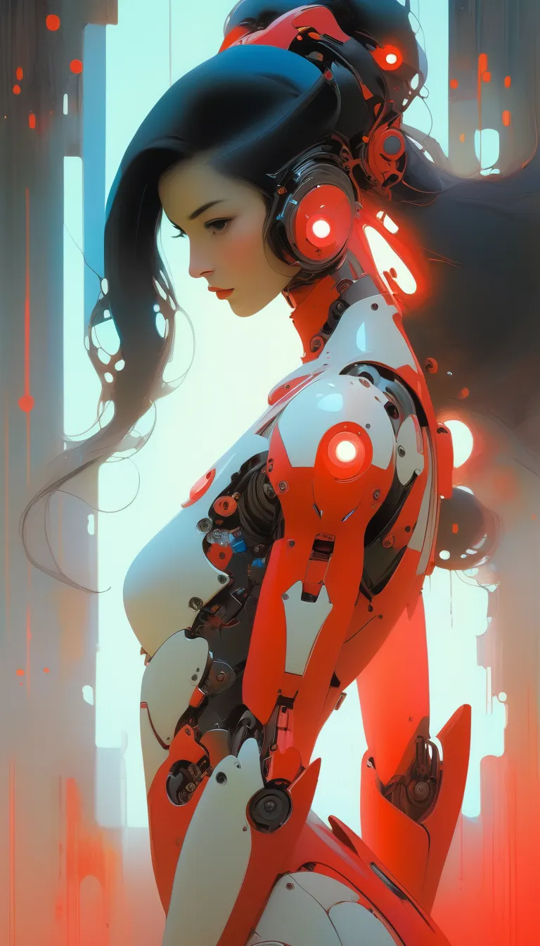 fluorescent horizon, The image depicts a female cyborg or android figure in futuristic, armored attire. She has long, flowing black hair and is set against a red background. Her appearance is sleek and metallic, with various mechanical and robotic componen...