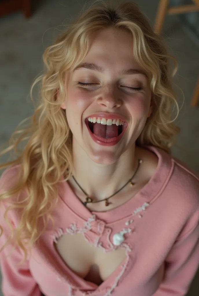  a young woman , actress Elle Fanning at the age of 18,  teeth  , small breasts,   blonde haired girl , nsfw, explicit,   of Elle Fanning's face , mouth is very open and smiling, sticking out tongue,  wears a tiny and sexy pink sweatshirt {x} pours the mil...