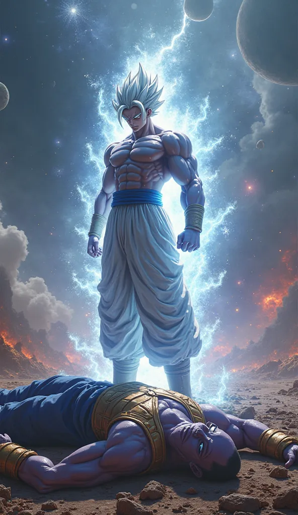 "Create an ultra-high-resolution 8K portrait of the aftermath of a cataclysmic battle between Goku and Thanos. Goku stands victorious, his Ultra Instinct form radiating a serene yet overwhelming aura. His silver hair and glowing eyes shimmer with divine en...