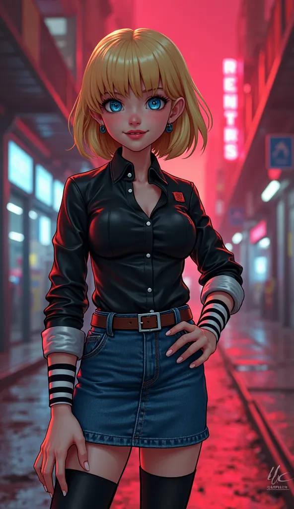  High quality,  official style,  Android 18, Short Hair, blue eyes, blond hair,  Wicked Smile , Evil Grimace, Android saga,  classic outfit ,  black shirt,  Long Sleeves Leather, socks, earrings,  belt, black tights, denim, denim skirt,  striped sleeves , ...