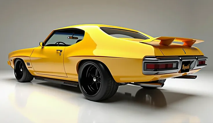 create an ultra-detailed 3D render of a modern, close-up side view of modern 1970 Pontiac GTO With a bold design. The car should feature a "Gleamy glossy painted yellow" color with a prominent Pontiac logo on its prominent back, and headlights. The body sh...