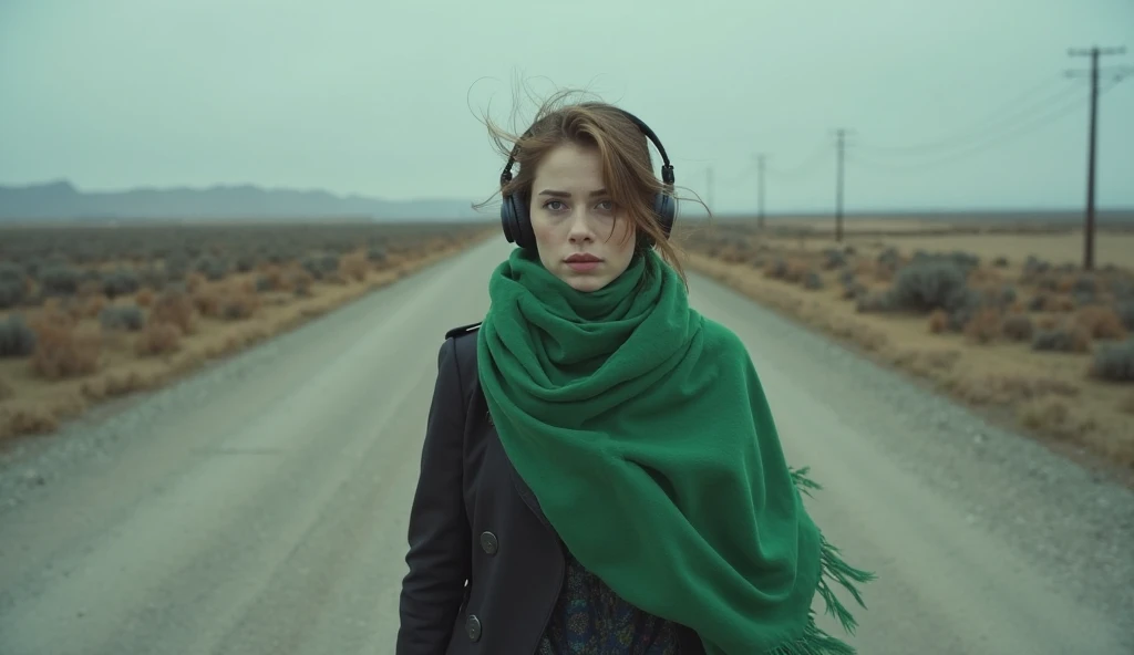 Lonely woman on road wearing headphones face covered in green scarf