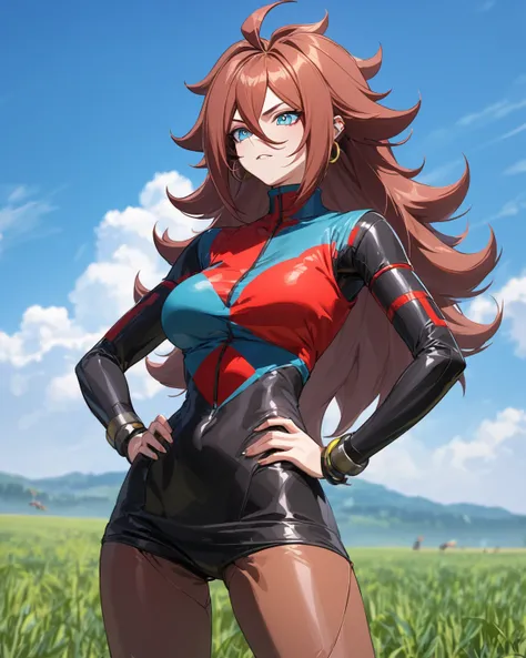 Create the Android 21 character in her human version, standing in front,  with his hands on his hips ,  in an open field, detail, quality, 