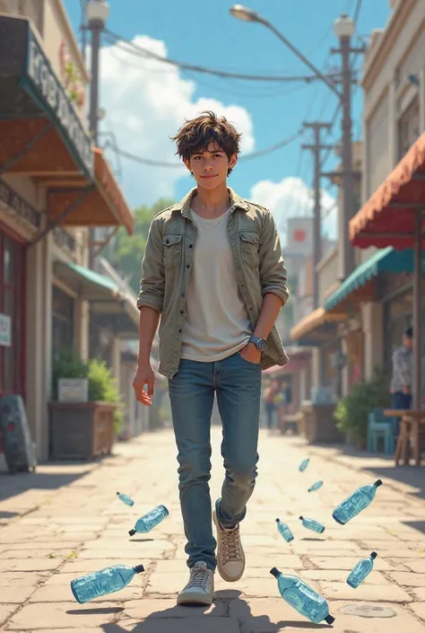 A young man is walking around kicking around empty plastic Coke bottles.