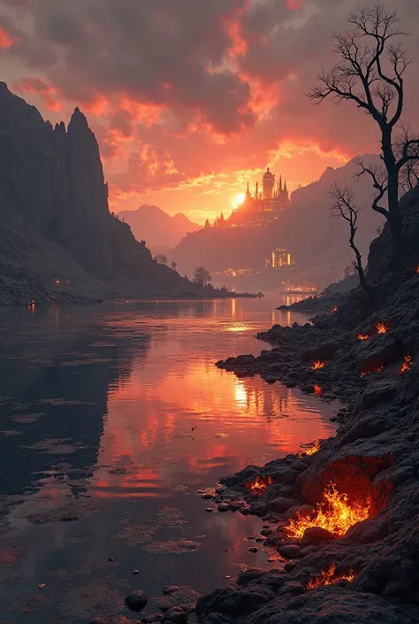 A hyper-realistic cinematic landscape from the distant future, featuring a vast lake with still waters reflecting fiery reds and oranges. Along its dark, rugged rocky shores, flickering flames of fire burn continually, casting a warm glow and dancing shado...