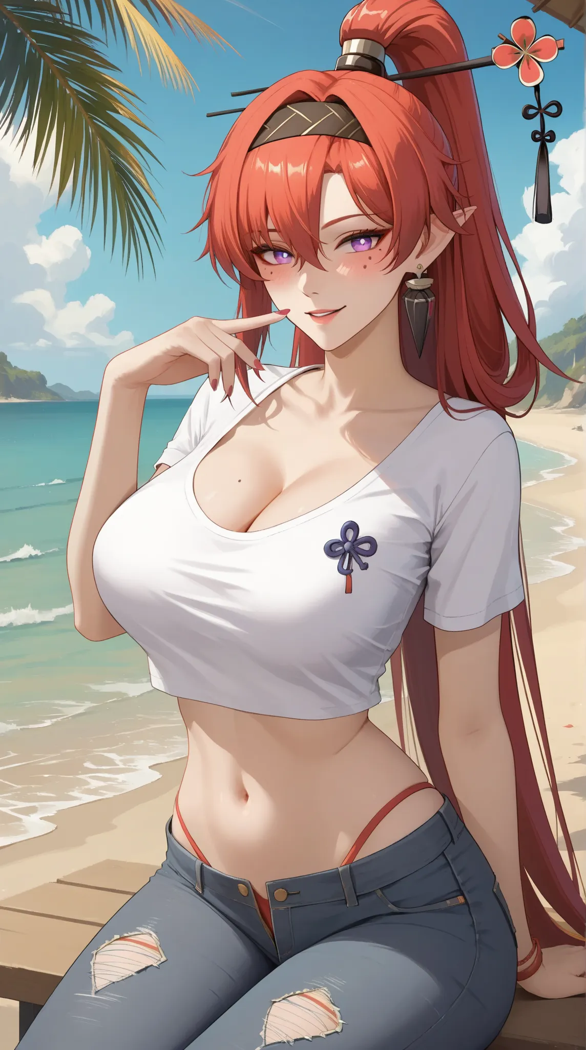 ((Yinlin, red hair, mole under eye, purple eyes, hair stick, hair ornament)), 1girl, huge breasts, huge butt, thick thighs, sensual woman, mature female, blushes, cleavage, source_anime, quality_masterpiece, anatomically correct, beautiful face, perfect fa...