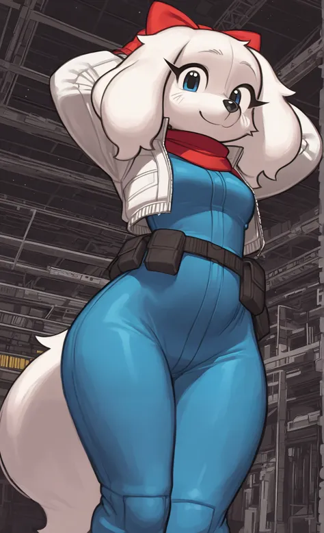 ((Fay Spaniel)), ((Starfox)), ((pixelsketcher style)), ((wamudraws style)), ((masterpiece)), ((high resolution)), ((solo portrait)) {(attractive figure), (wide hips), (beautiful legs), (white fur), (black nose), (floppy dog ears), (cute blue eyes), (long e...