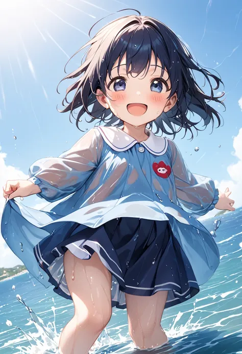 absurd, (s 1.5),  , Kindergarten Mom's Clothes, blue smock,  dark blue skirt ,  cute, soaked, Clear skies, sea,  playing in the water, ENERGETIC, fun,  best smile,  with wet clothes , Water-soaked Smock, Drenched, Wet Skirt, Wet Skirt, 