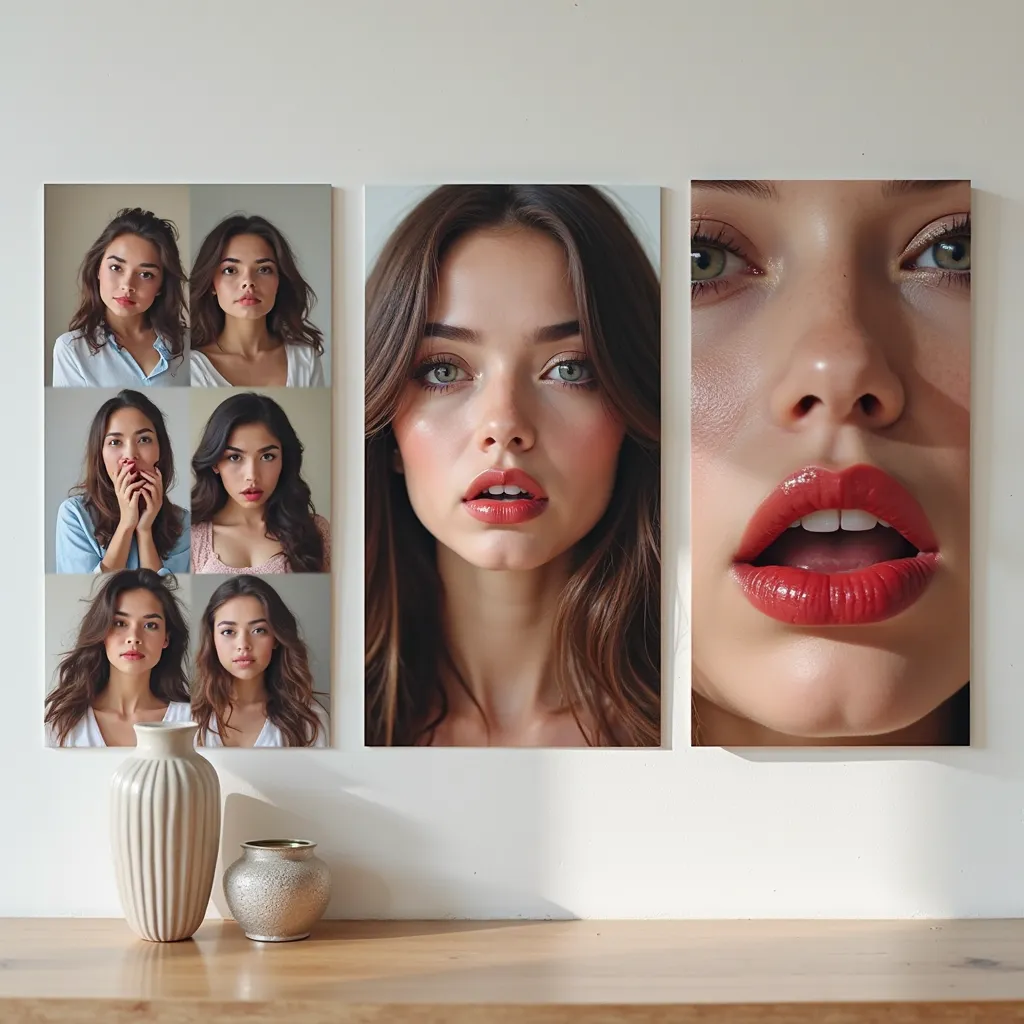 three photos: on the left - cute photos, in the center - a sexy photo of a girl, on the right - a larger sexy photo with lip prints., paper photos, bright, 