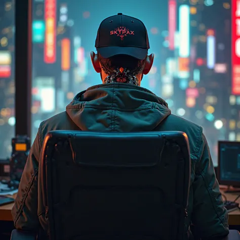 "A solitary trader with visible biomechanical improvements, with his back in his gaming chair. His neck and part of his back show metallic details and circuits, merging humanity and technology. He wears an oversized jacket, 'SKYPAX' cap and Nike.  The imag...