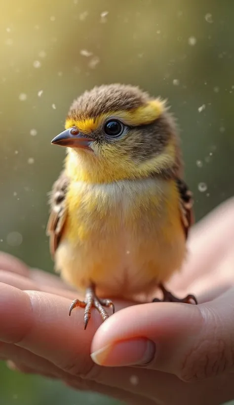 "An ultra-realistic, highly detailed tiny bird, gently perched on the palm of a human hand. The bird has soft, delicate feathers with intricate details, tiny but well-defined claws lightly gripping the skin, and big, expressive eyes filled with curiosity a...