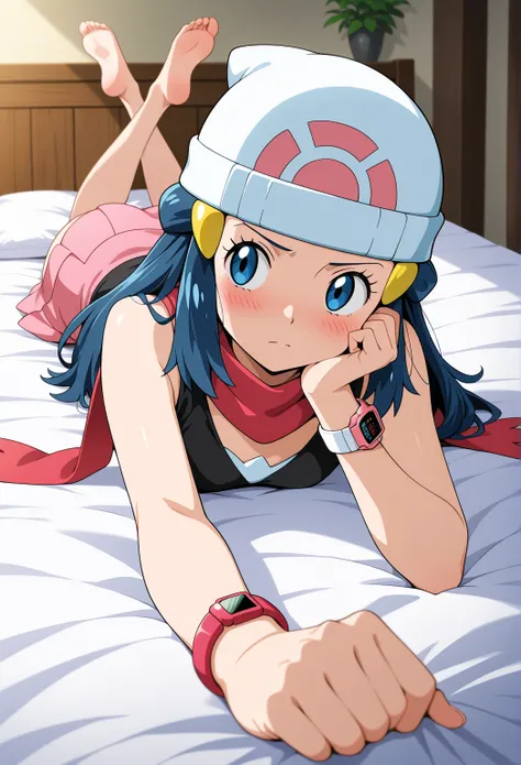 high resolution picture, masterpiece, best quality, amazing quality, official art,, 1girl,  Dawn (Hikari) from pokemon, 1girl,   aadawn, long hair, blue hair, beanie, white headwear, hair ornament, blue eyes, breasts, red scarf, sleeveless shirt, black shi...