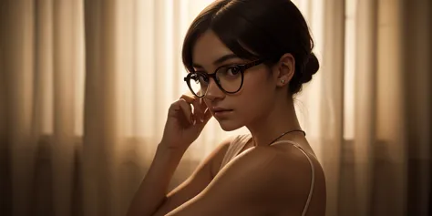 Against a vintage sepia backdrop with soft, mysterious lighting, a cool, seductive 20-something woman wearing glasses takes center stage. Her enigmatic gaze and relaxed posture evoke the gentle rhythm of a lo-fi beat.