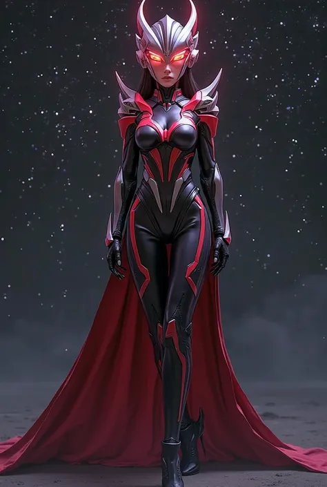 A female version of Belia's Ultraman， Hot and sexy ，Curves like Su Yao，Bust and toned， Thin Hips ，The hips are round and full，Wears a close fit Ultraman armor in black and red，The battle armor sticks to the body to highlight the curves，has Belia's iconic s...