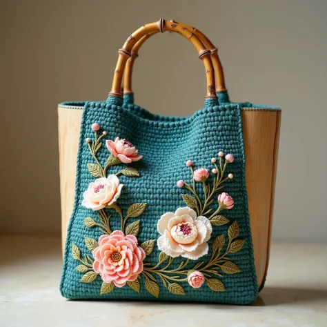 A handcrafted crochet tote bag with intricate floral embroidery, featuring a deep teal woven fabric base. The bag is adorned with three-dimensional, hand-stitched flowers in soft pink, white, and peach tones, with delicate green leaves and stems adding a n...