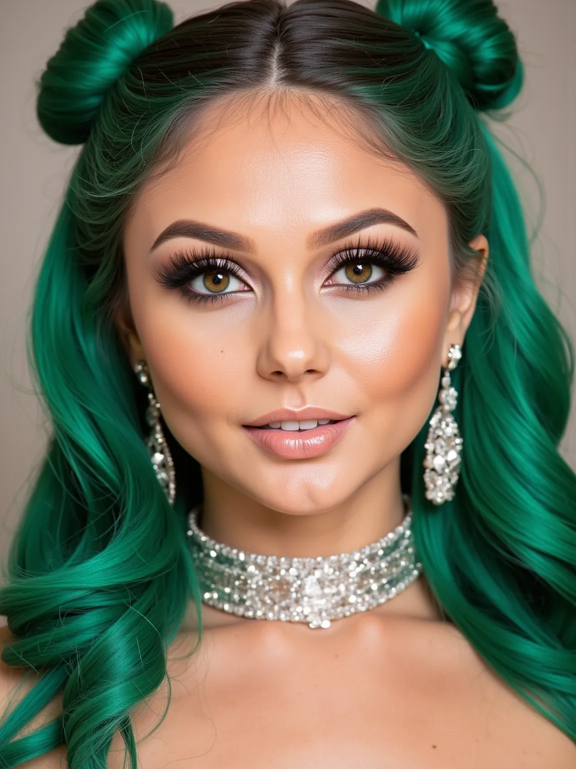 outrageously long and voluminous lash extensions. beautiful girl. long green hair. the hair is gathered in two buns. she smile, bright makeup, doll face, a diamond choker around her neck. long diamond earrings