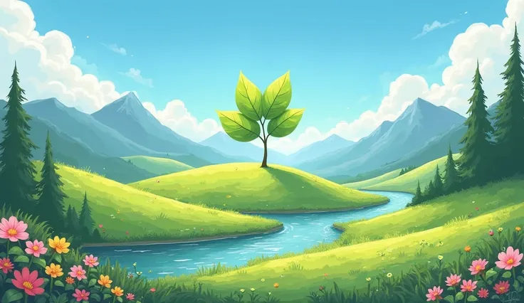 "A serene landscape with rolling green hills, a small winding river, and a bright blue sky with fluffy white clouds. In the center, a tree with two large green leaves forming a symbolic shape stands tall, glowing softly. The background features distant mou...