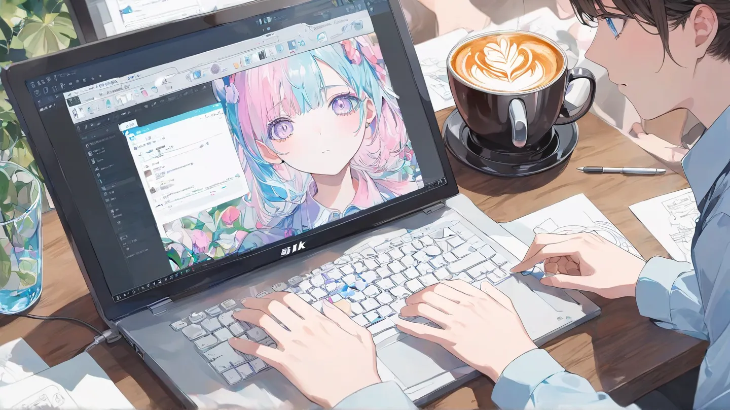 (( pastel 、  water color style ))、Hand working on a computer,Hand close up,Work in a cafe,TOP QUALITY, exquisite,8k, absurd, super detailed illustration on white paper ,(  Viewer )