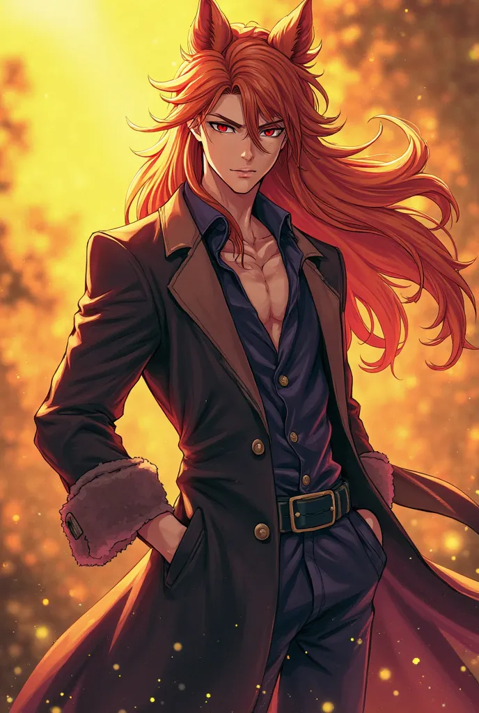 I want you to generate a anime boy character wallpaper in which he is standing by his side having a jawline sharp with long hair wolf cutt saturated yellowishly