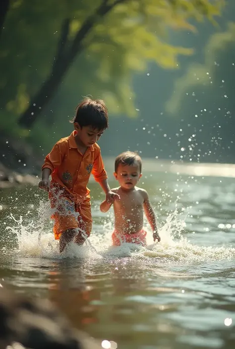 8K Ultra Quality - Two babies cute face in deep ocean mermaid & merman outfits, walking on a waterfall runway, where water flows in mid-air like magic.