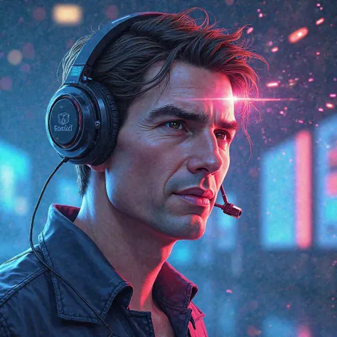 Create a hyper-realistic illustration of Tom Cruise using a modern and stylish headset, with a focused and inspired expression. Bright and colorful light waves,  representing brilliant ideas , emanate from the headset and spread through his brain, creating...