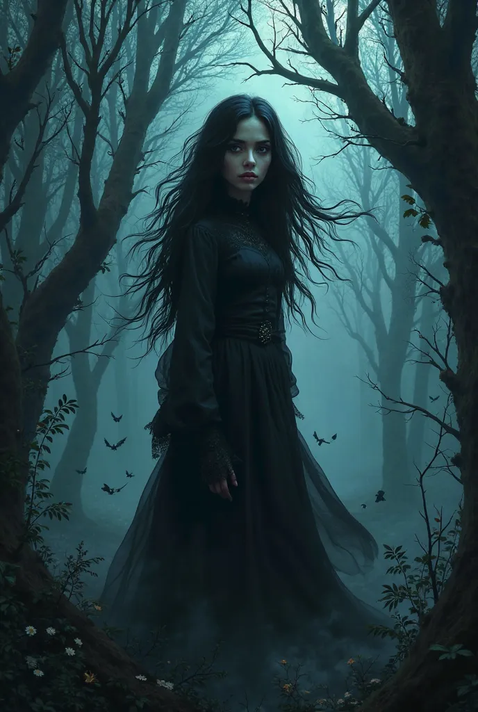 Book cover The dark forest where darkness is eternal and the girl is an adult with black hair 