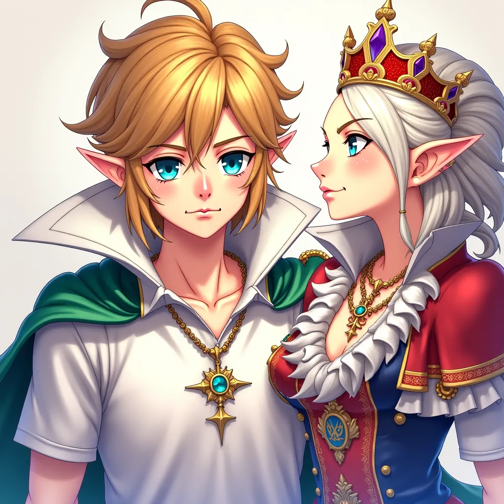 Anime Old man Emperor Link wearing a Massive popped collar polo with a collar so high it's taller than his head he's with Old Lady Empress Zelda