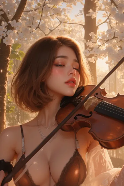 1girl, playing violin, violin, bow \(music\), spring, off-shoulder top, ((stand)), Bob Cut, skirt, big breasts, boot, closed eyes, best quality, 8k, masterpiece