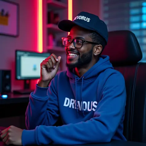  Un jeune Africain portant un casquette écrivant DREVORUS et assis sur une chaise dans son bureau moderne, portant un sweat à capuche bleu avec le texte « DREVORUS » écrit dessus . Il regarde vers l'avant bien de face avec une expression claire et confiant...