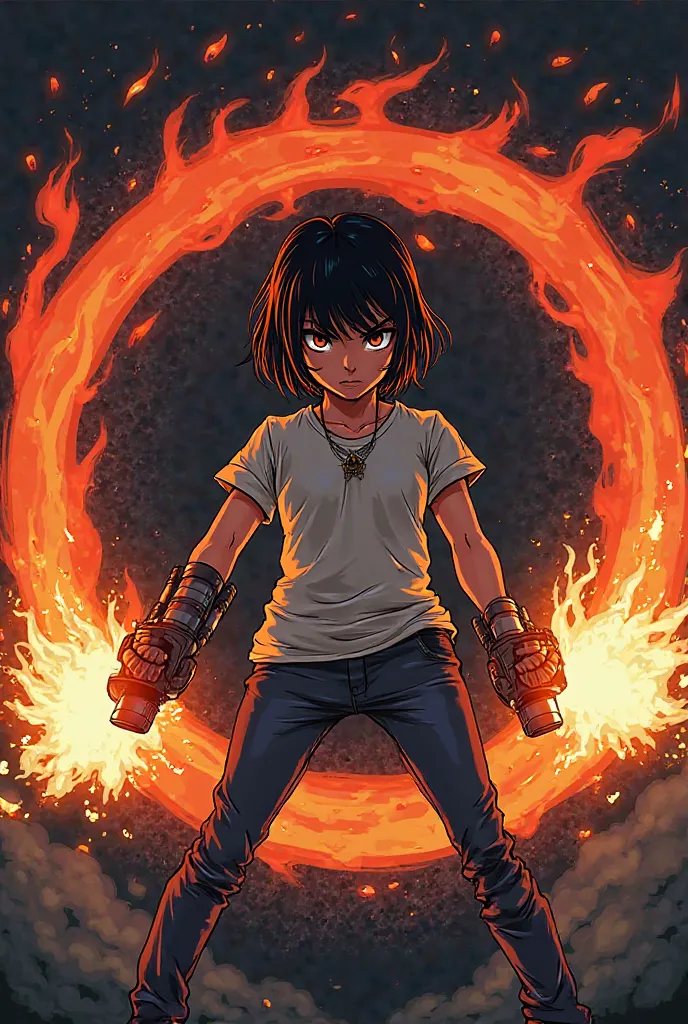 A girl with 2 flamethrowers in her hands on her sides in a circle in graphic style