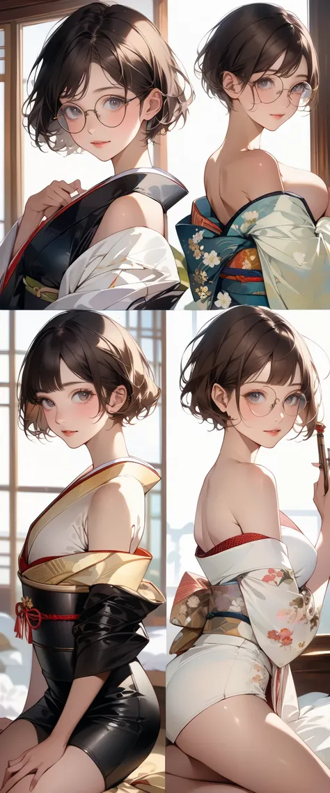 score_9, score_8_Great, score_7_Great, realistic :1.2, Realistic face and eyes:1.3, realistic skin:1.3, Photos of Japanese idols, Beautiful young idol , Perfect model figure., fascinating , rat, (very short hair, Pixie cut, black hair), round glasses...