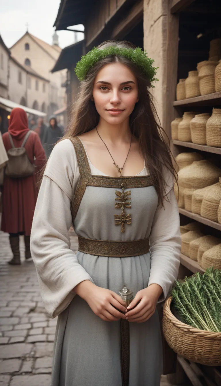 Highest quality realistic photos, Bare skin texture, Hair texture, Girl selling herbs and holy water in a medieval market, Poor clothes, Very beautiful face