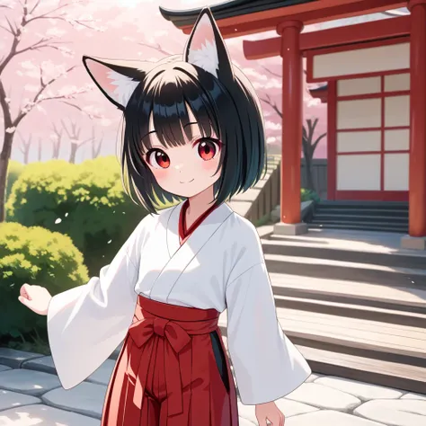 (masterpiece, best quality:1.4), (8k, ultra-detailed, anime style:1.2), cute young girl,  Fluffy fox ears, Fluffy fox Tail,:1.6), big eyes, small nose, detailed hair, (wearing Japanese white clothes:1.6), BREAK (red short hakama:1.4), bright and colorful b...