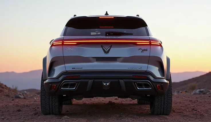 "Design a captivating rear view of the 2025 Elte Jetour T2 4x4 SUV. Emphasize its sleek and modern taillights with LED detailing, a robust rear bumper with skid plates, and dual exhausts for a sporty touch. Include the Jetour logo prominently displayed on ...